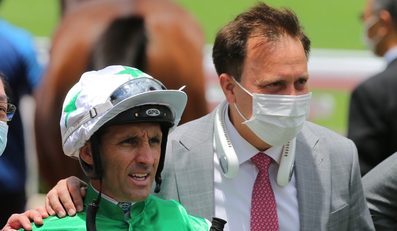 Neil Callan with Caspar Fownes after riding Double Take to victory.