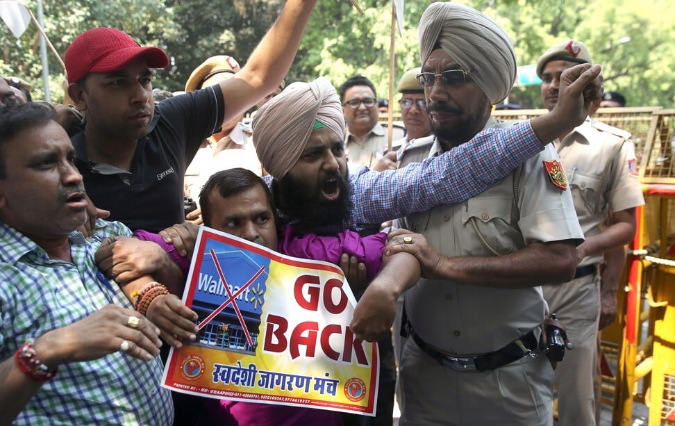Members of the Swadeshi Jagran Manch protest against Walmart taking a stake in Flipkart, in Delhi in May 2018. Photo: AFP