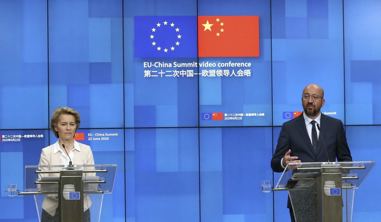 European Commission President Ursula von der Leyen (left) and European Council President Charles Michel take part in a media conference at the conclusion of an EU-China summit, in video conference format, at the European Council in Brussels on June 22. Photo: AP