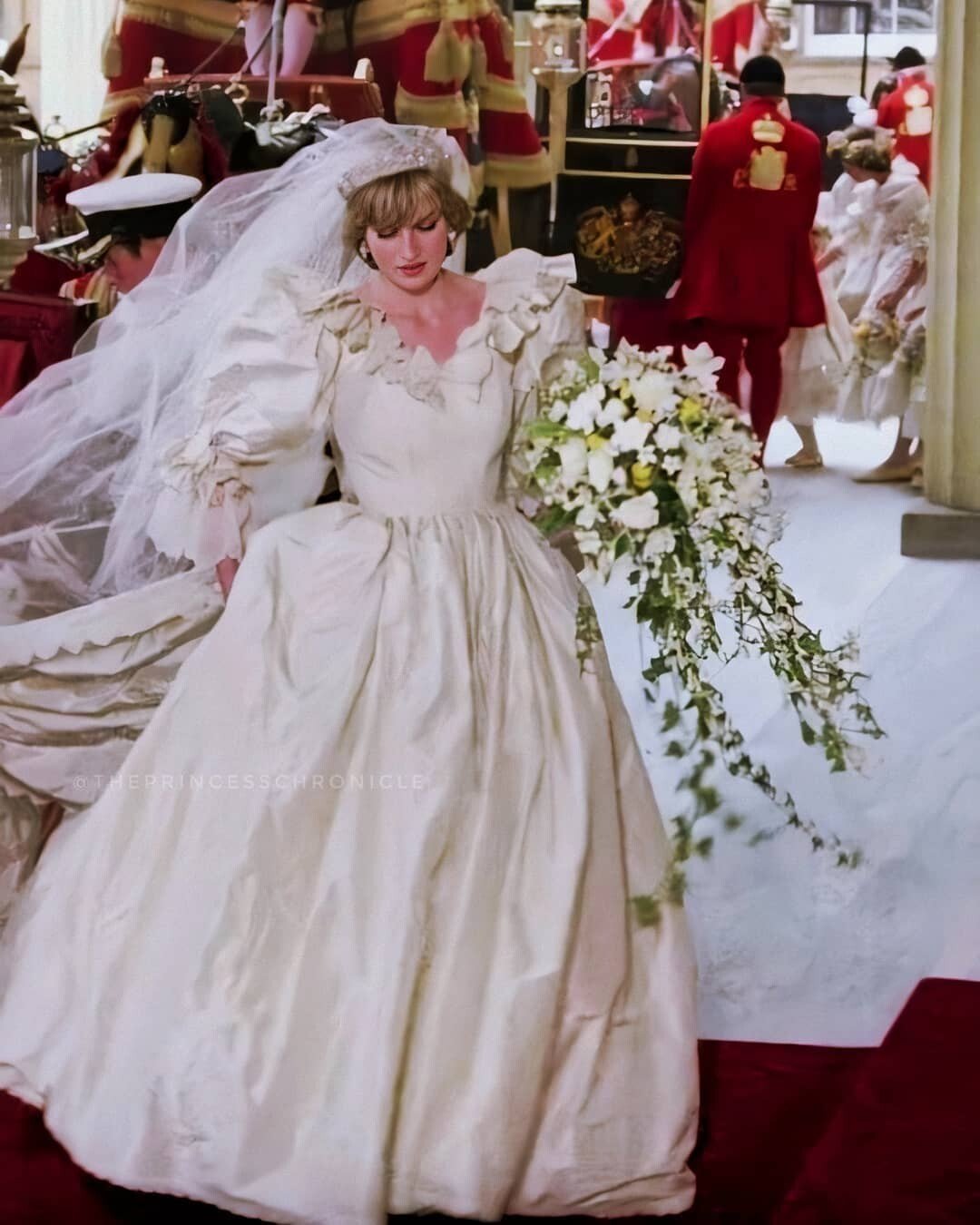 Most princesses have chosen to incorporate myrtle in their wedding bouquet, including Princess Diana (above), Kate Middleton, Meghan Markle, Sarah Ferguson, Princess Eugenie, and Princess Beatrice. Photo: @theprincesschronicle/ Instagram