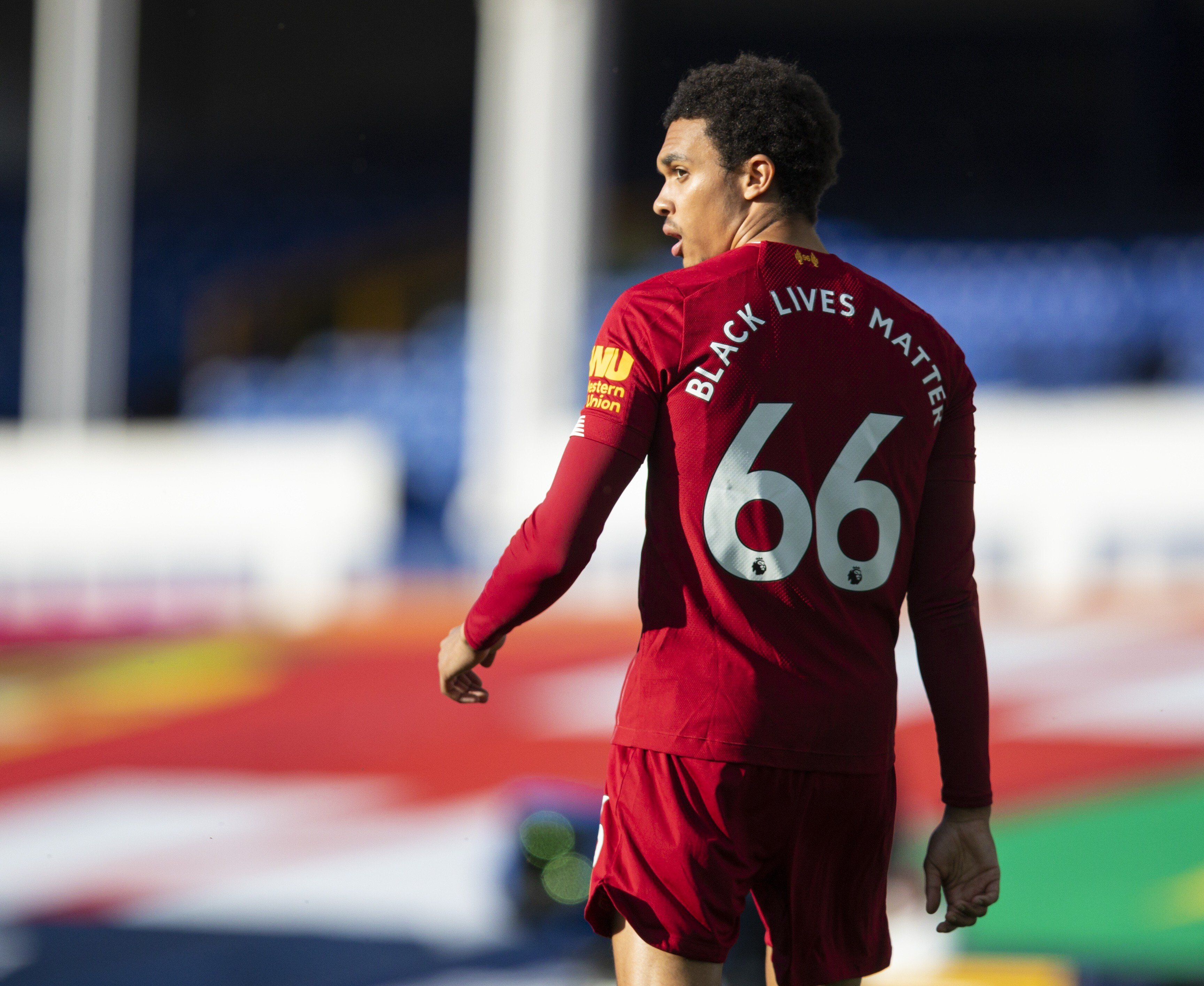 Liverpool’s Trent Alexander-Arnold with the words “Black Lives Matter” on the back of his shirt during the English Premier League Merseyside Derby against Everton. Photo: Xinhua