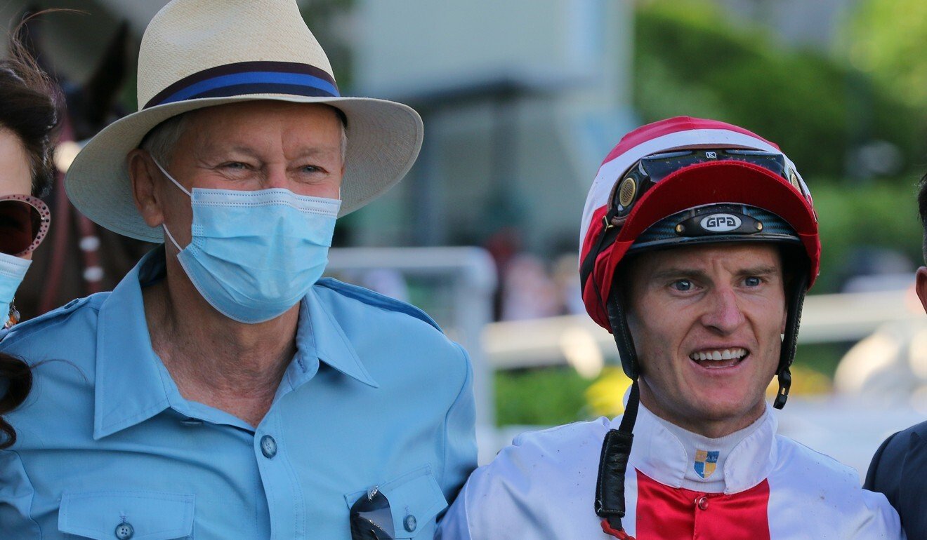 John Moore and Zac Purton after the win of Awe at Sha Tin on Sunday.