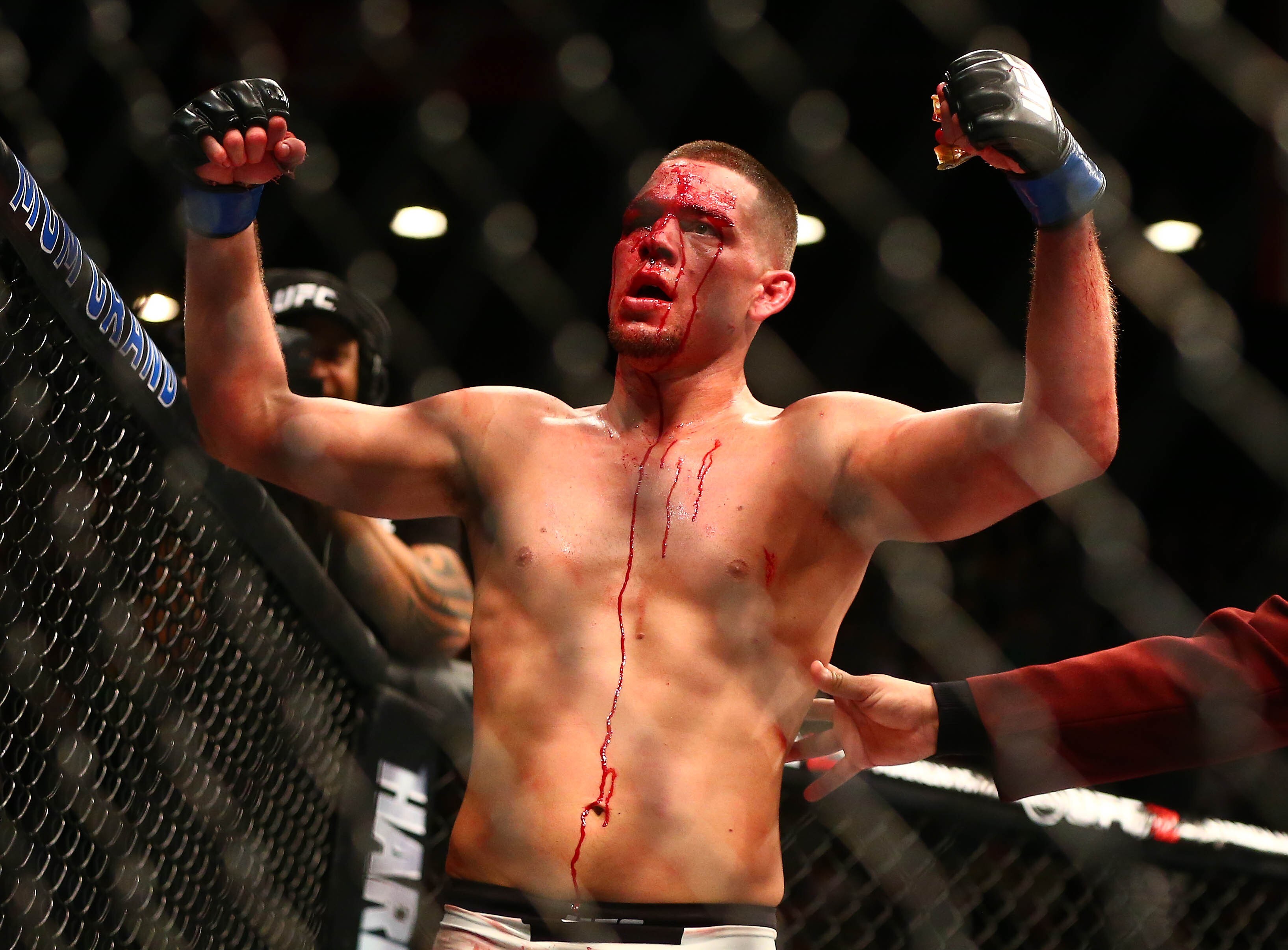 UFC welterweight Nate Diaz celebrates his submission victory against Conor McGregor at UFC 196 in Las Vegas in 2016. Photo: USA Today