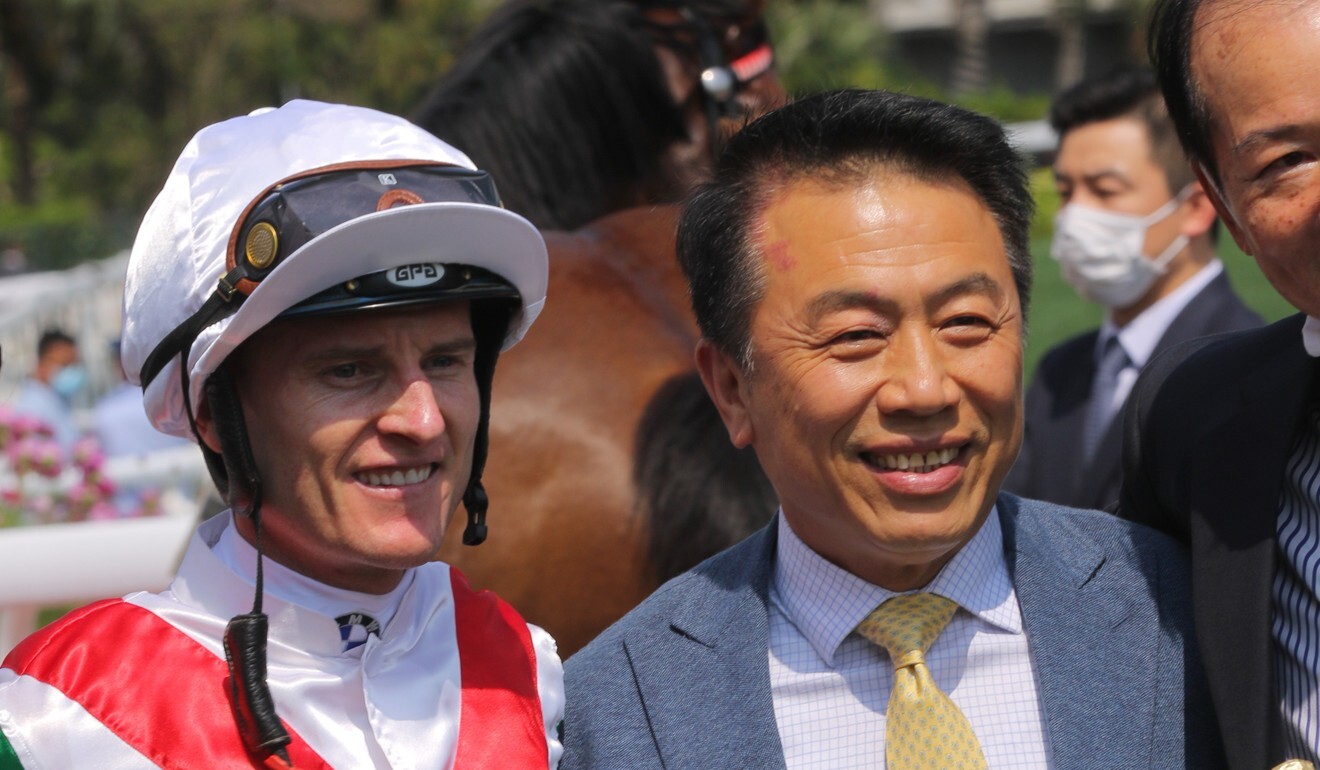 Jockey Zac Purton and trainer Ricky Yiu celebrate a winner in March.