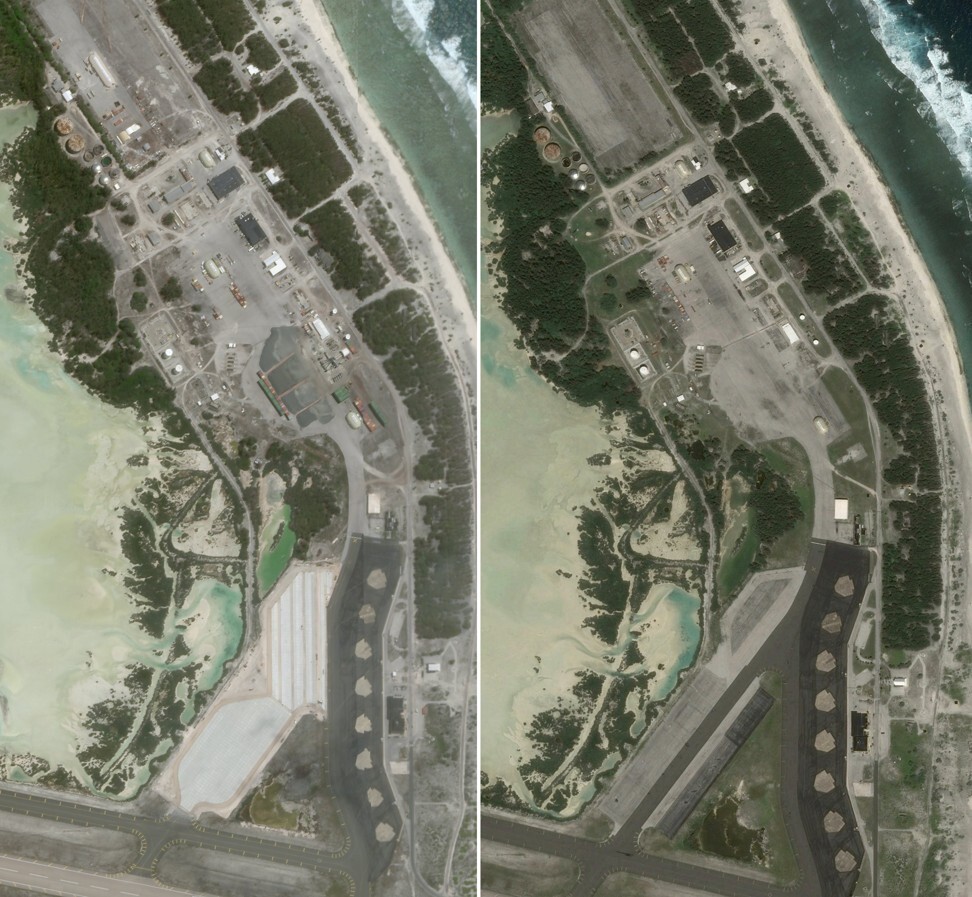 Satellite images taken on June 25 this year (left) and October 8, 2016, show the large apron expansion on the eastern side of the airfield and activity and construction in the support area to the north. Photo: Planet Labs Inc