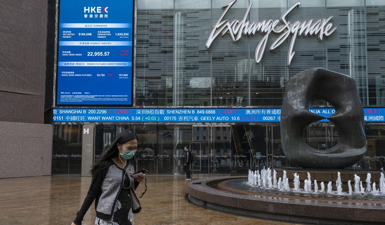 A woman walks past Exchange Square in Central, Hong Kong, where the Hong Kong stock exchange is located, on May 29. Photo: Sun Yeung