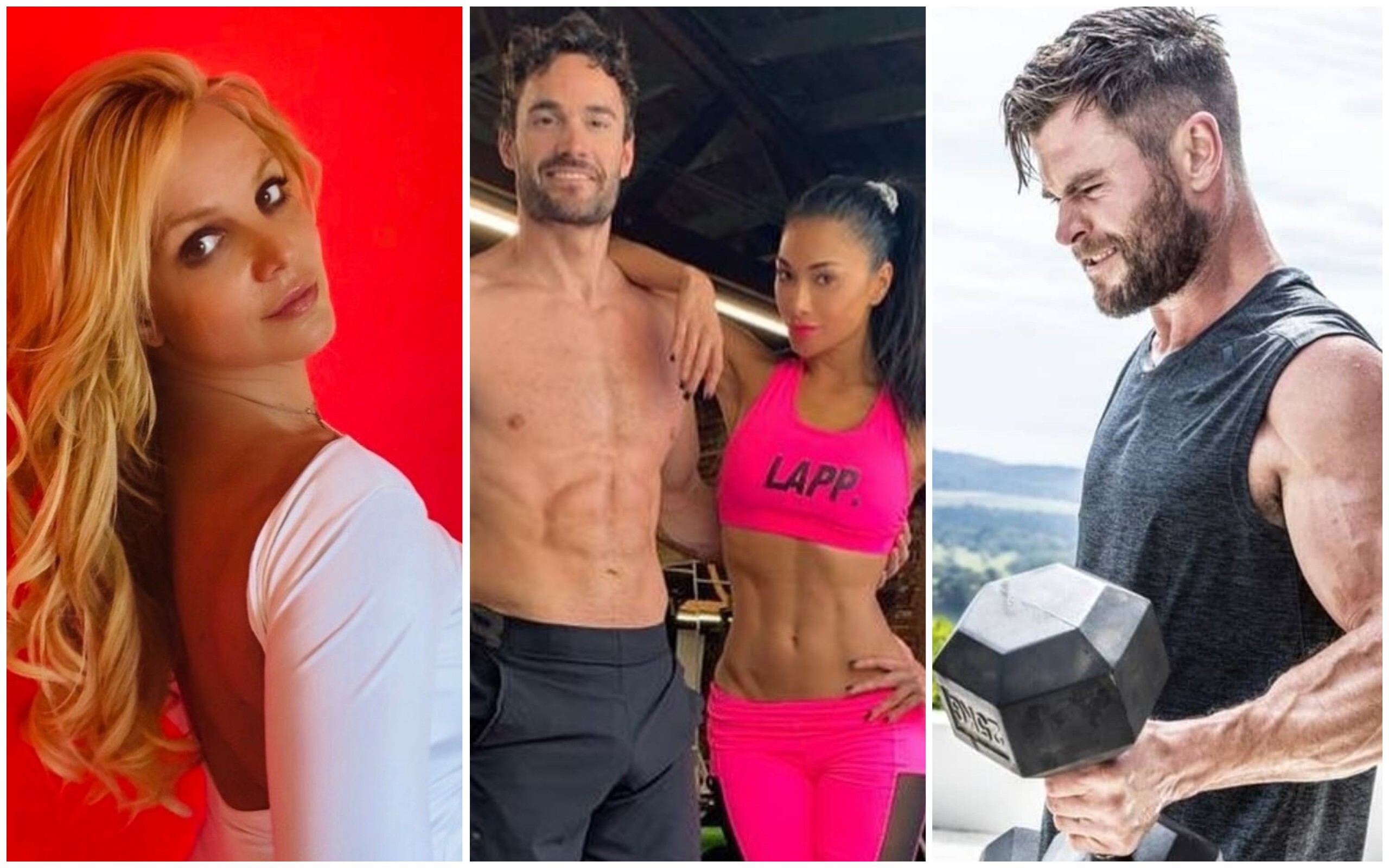 Up your home workout game like celebrities Britney Spears, Thom Evans and Nicole Scherzinger, and Chris Hemsworth. Photo: Instagram