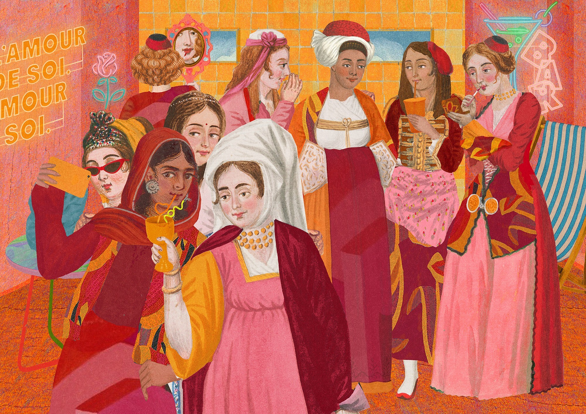 Indonesian artist Anindya Anugrah’s illustration Powder Room, of women in historical dress taking selfies, is an example of how she marries the medieval with the modern.
