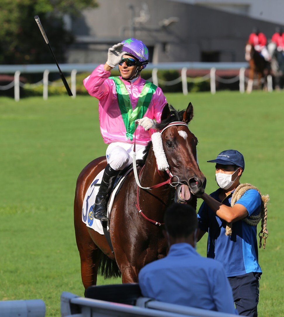 Joao Moreira’s customary whip throw.