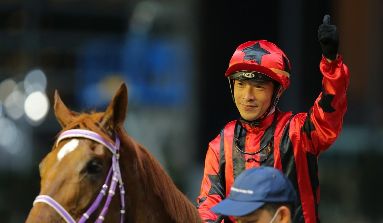 Ben So celebrates his win on Divine Unicorn at Happy Valley this season.