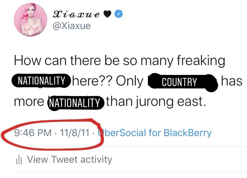 One of the now-deleted tweets from 2011, taken from Xiaxue’s recent blog post on July 8.