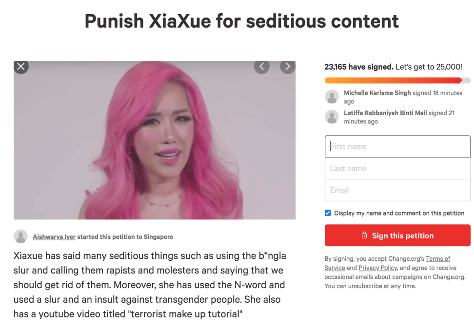 The online petition against Xiaxue is aiming for 25,000 signatures.