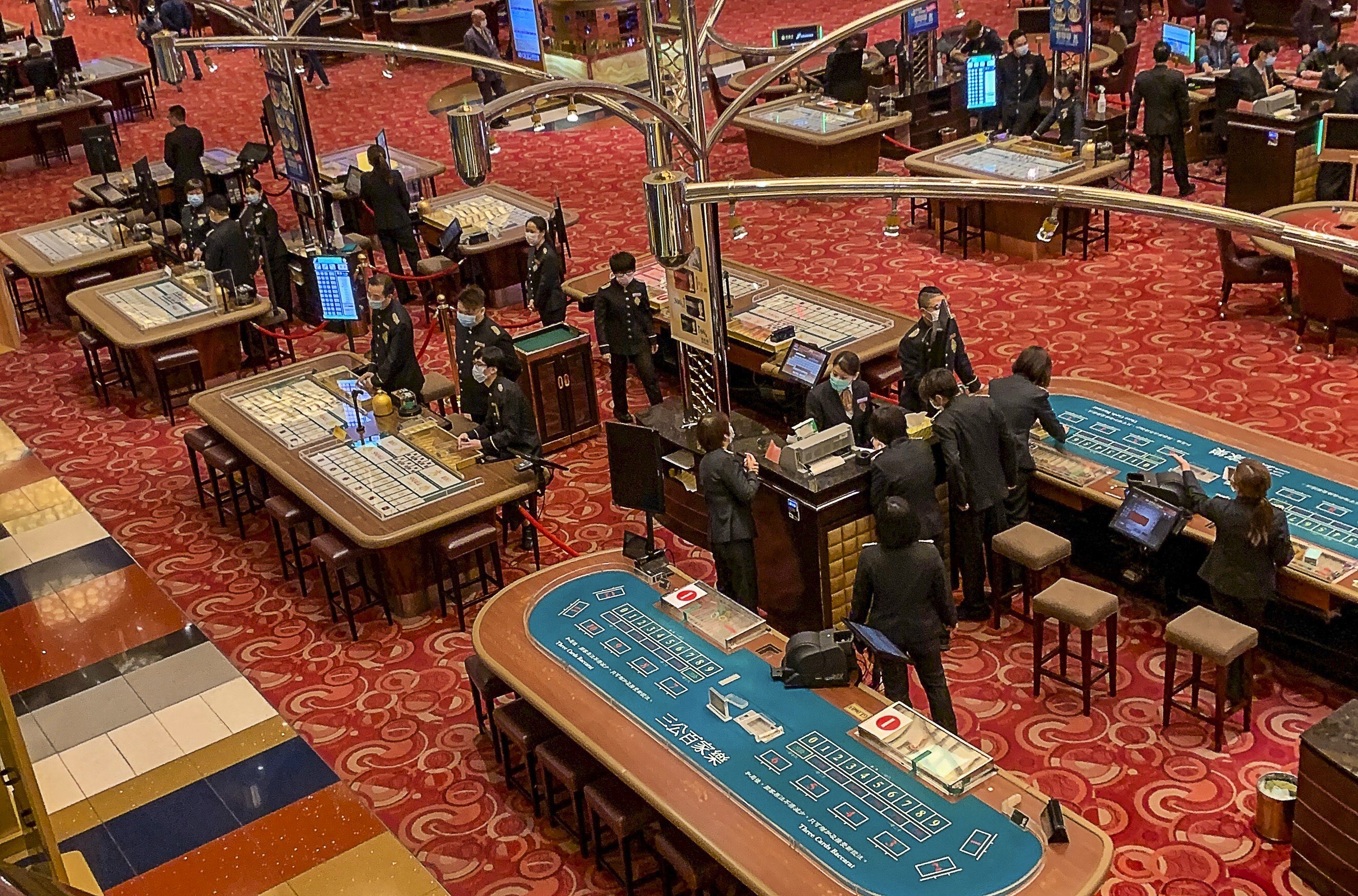 A near-empty gambling hall at the casino of the Grand Lisboa in Macau on 20 February 2020. Photo: SCMP/Handout