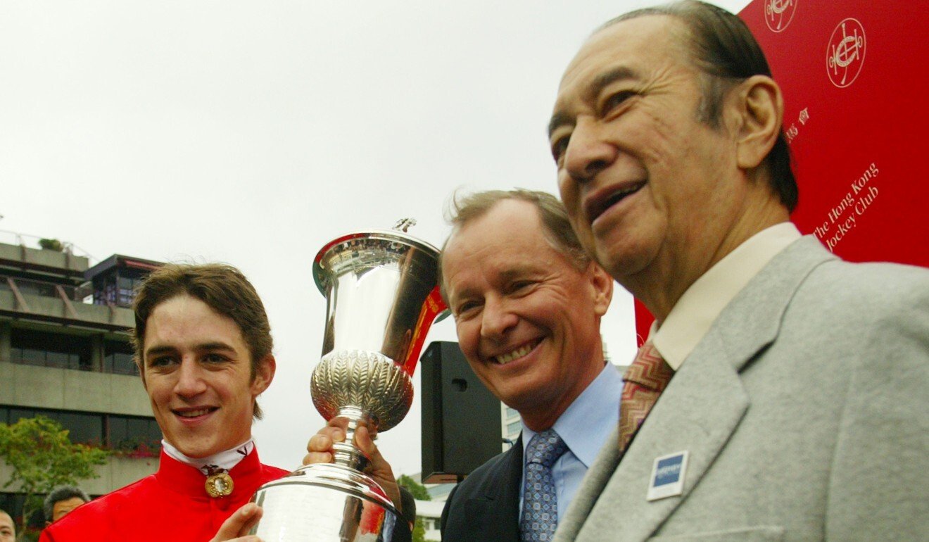 Christophe Soumillon, John Moore and Stanley Ho after Viva Pataca won the 2006 Hong Kong Derby. Photo: SCMP