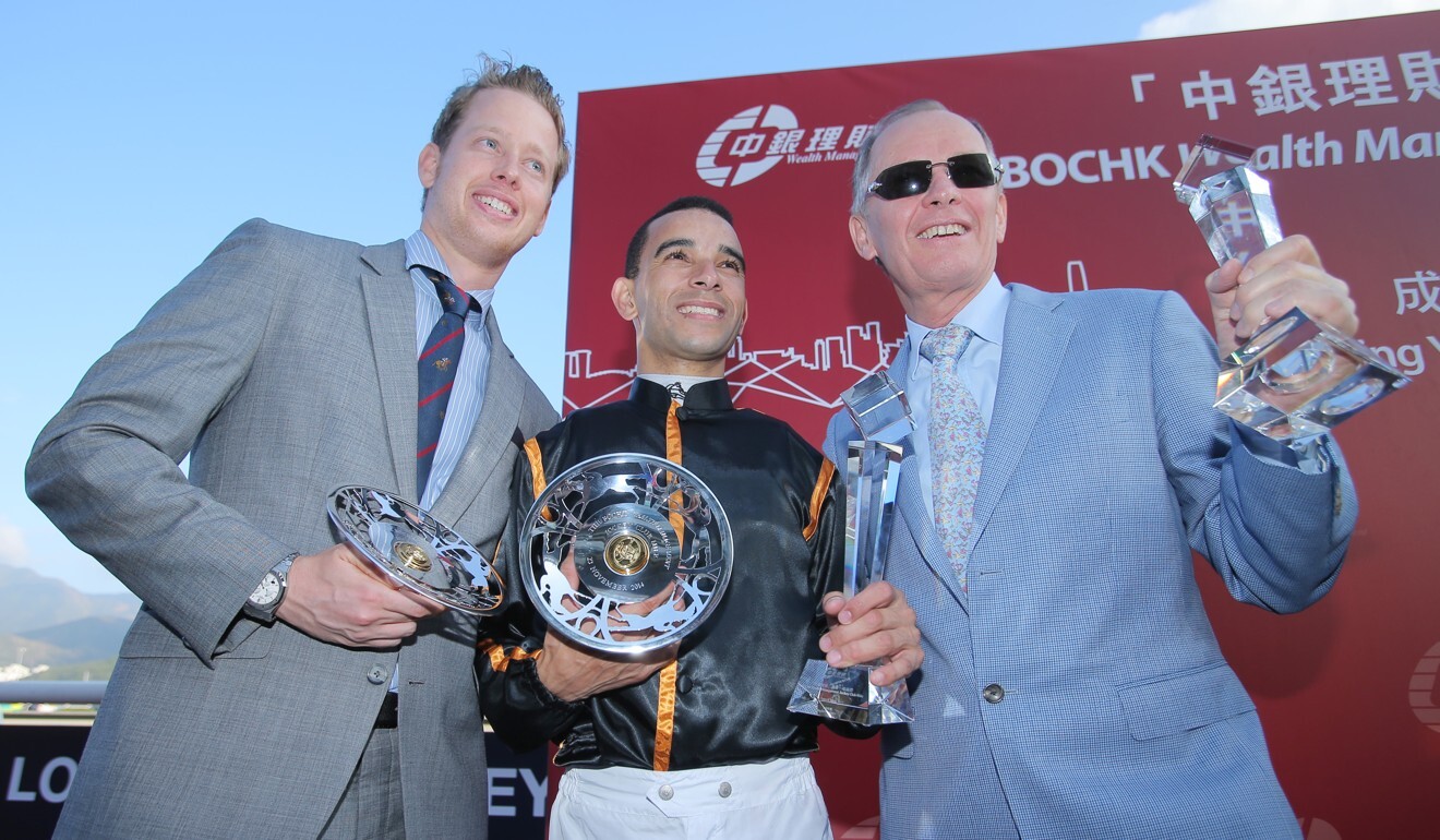 John Moore (right), his son George (left) with Joao Moreira after an Able Friend victory. Photo: Kenneth Chan