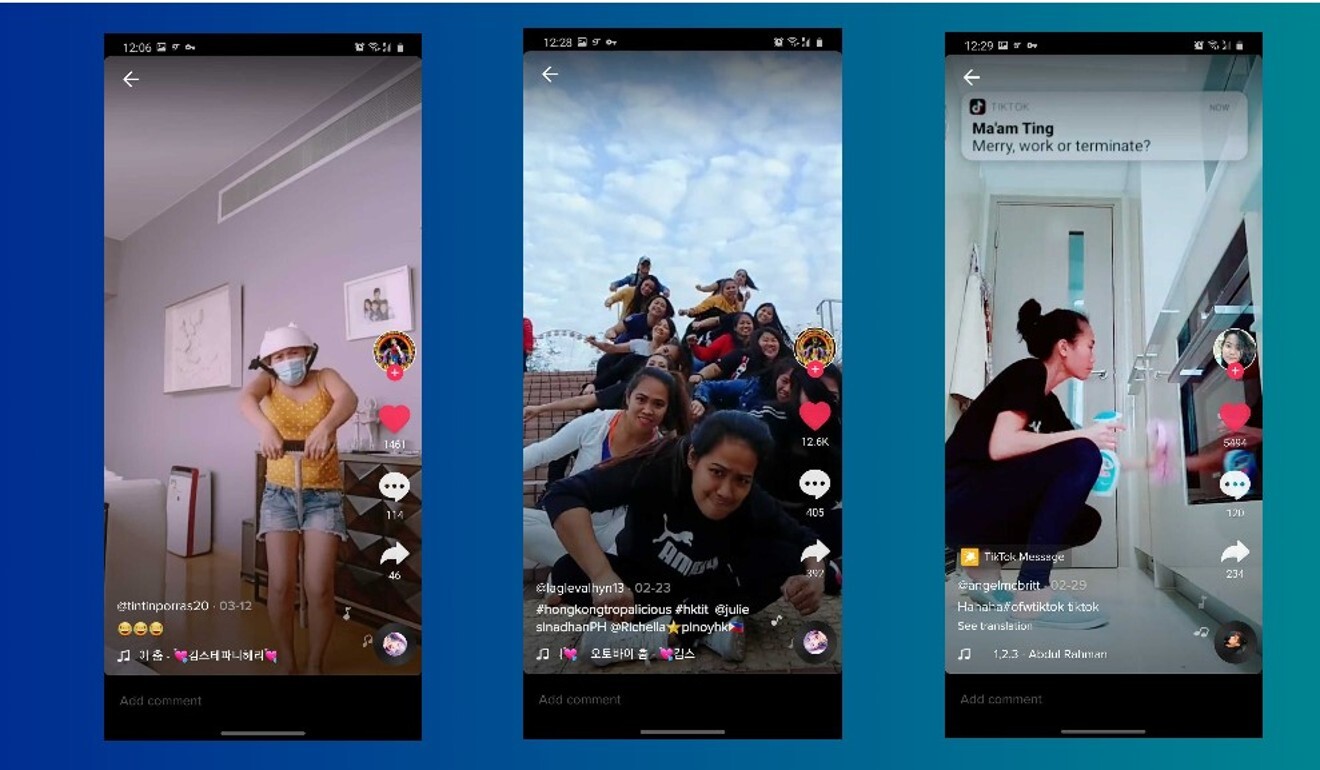 TikTok might not be as big of a hit in Hong Kong as it is in other places, but domestic helpers have been flocking to the platform. Screenshots: @tintinporras20, @laglevalhyn13, @angelmcbritt via TikTok