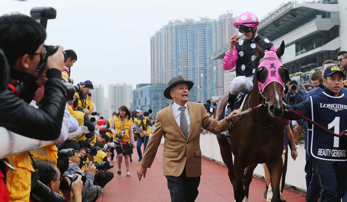 John Moore and Zac Purton after Beauty Generation wins the 2018 Hong Kong Mile. Photo: Kenneth Chan
