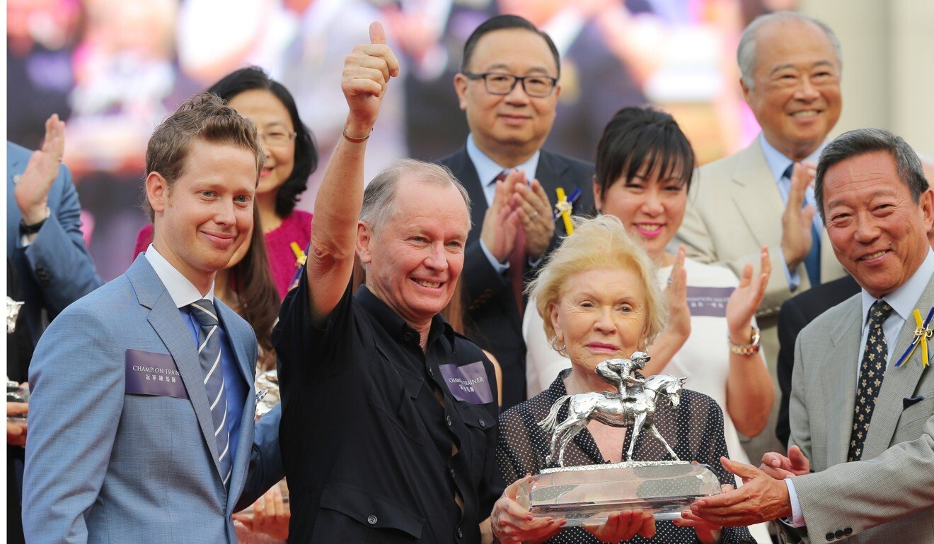 John Moore won the Champion Trainer 2014-15 season. His son and his mother celebrate. Photo: Kenneth Chan