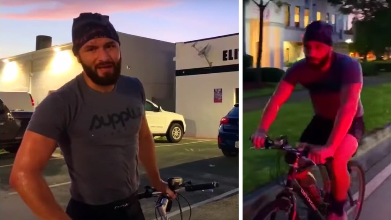 Jorge Masvidal cycles to the gym after landing in Miami following an 18-hour flight from Abu Dhabi. Photo: YouTube/Jorge Masvidal