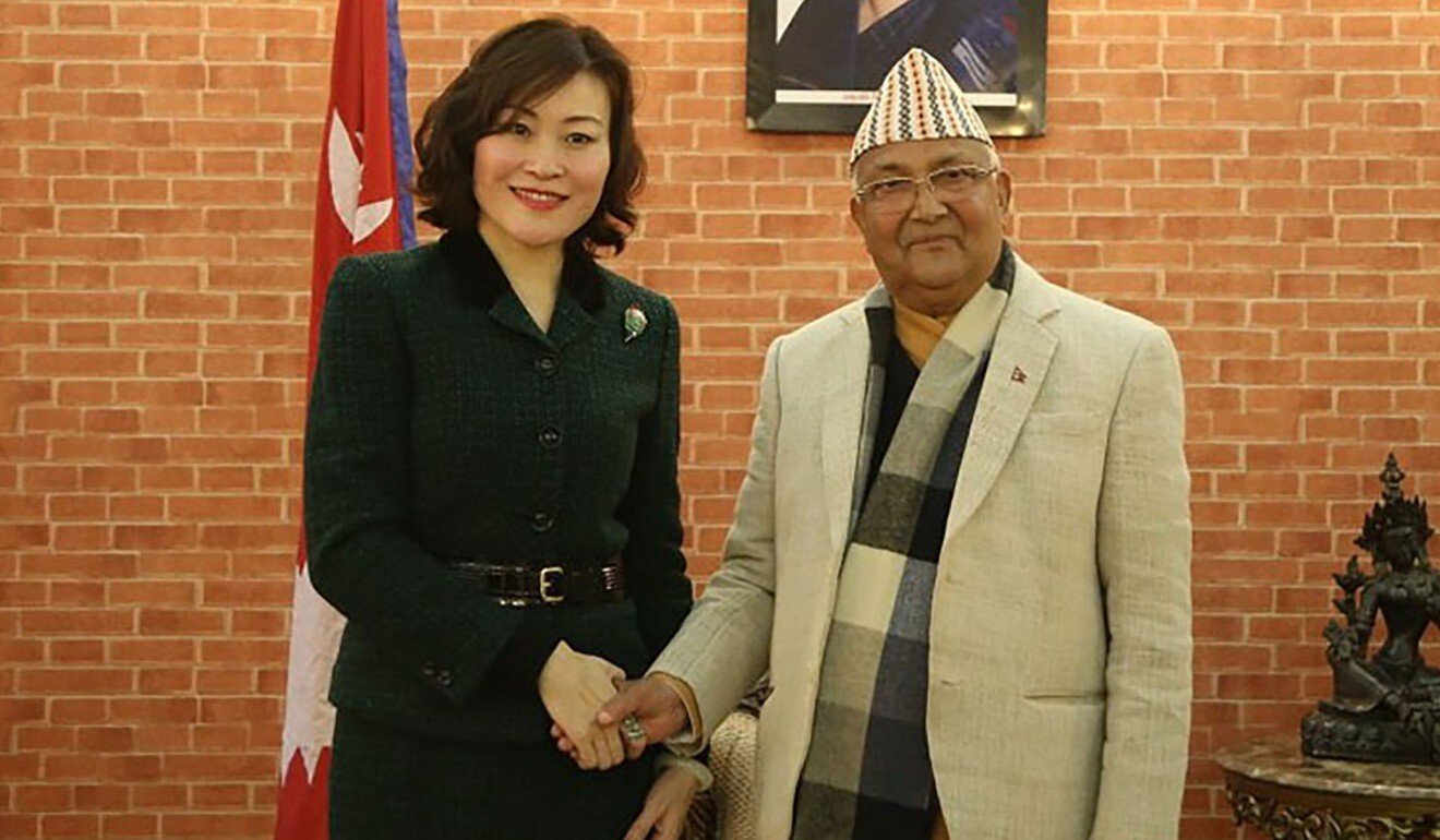 Chinese ambassador Hou Yanqi with Nepal’s Prime Minister KP Sharma Oli. Photo: MoFA
