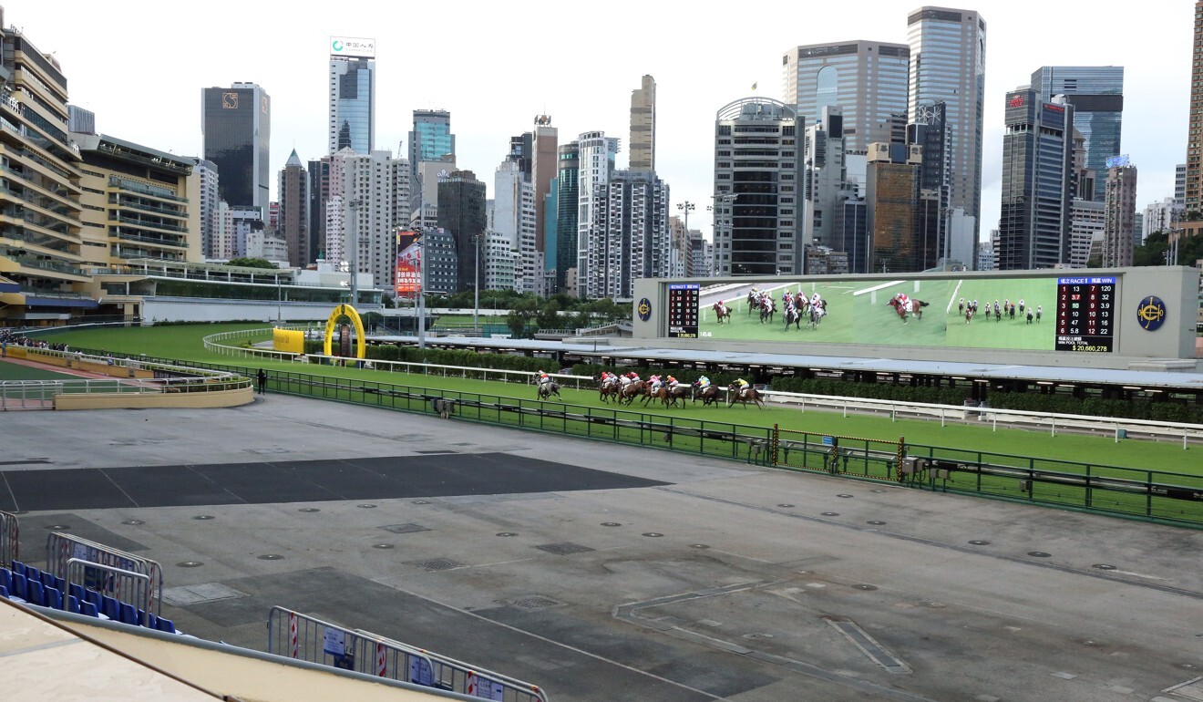 Horses run in front of the empty Happy Valley beer garden on Wednesday night.