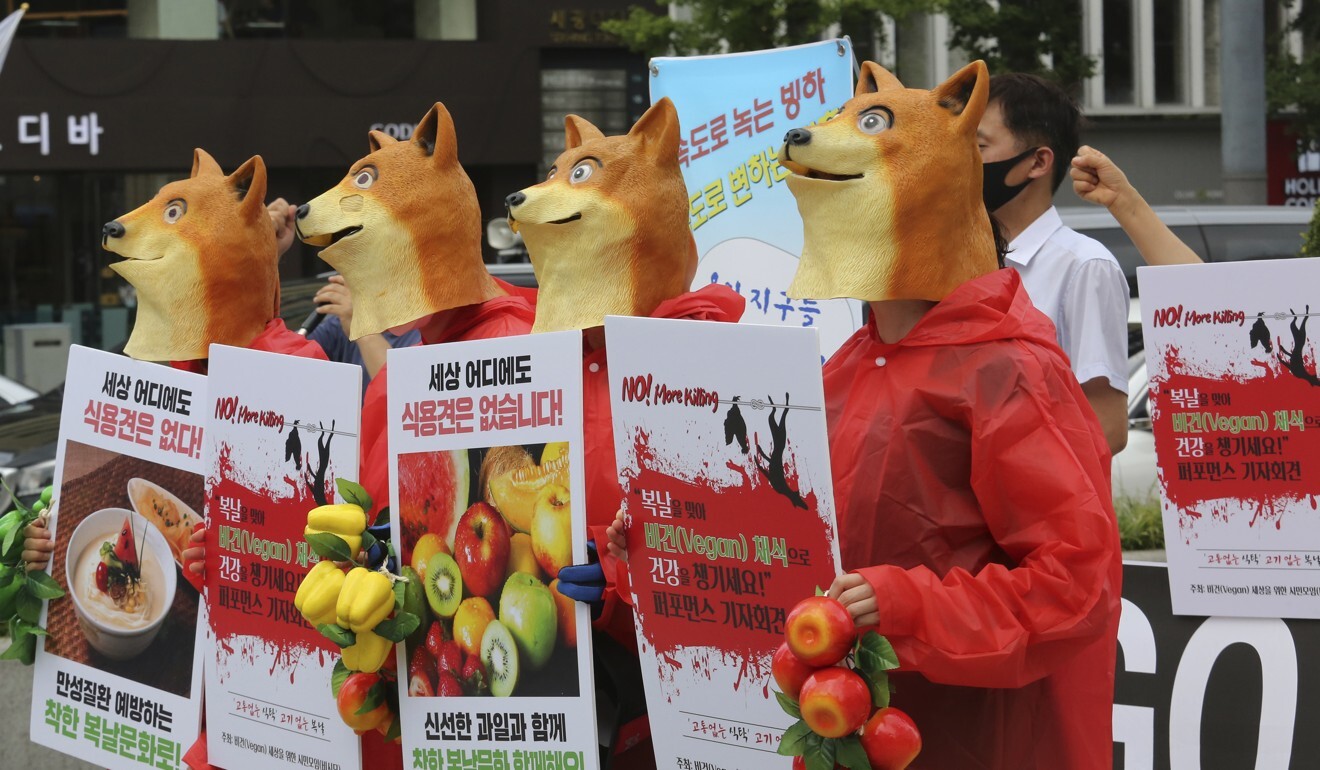 Activists holding placards with the image of small dogs confined in a cage and the words ‘Stop dog meat’. Photo: AP
