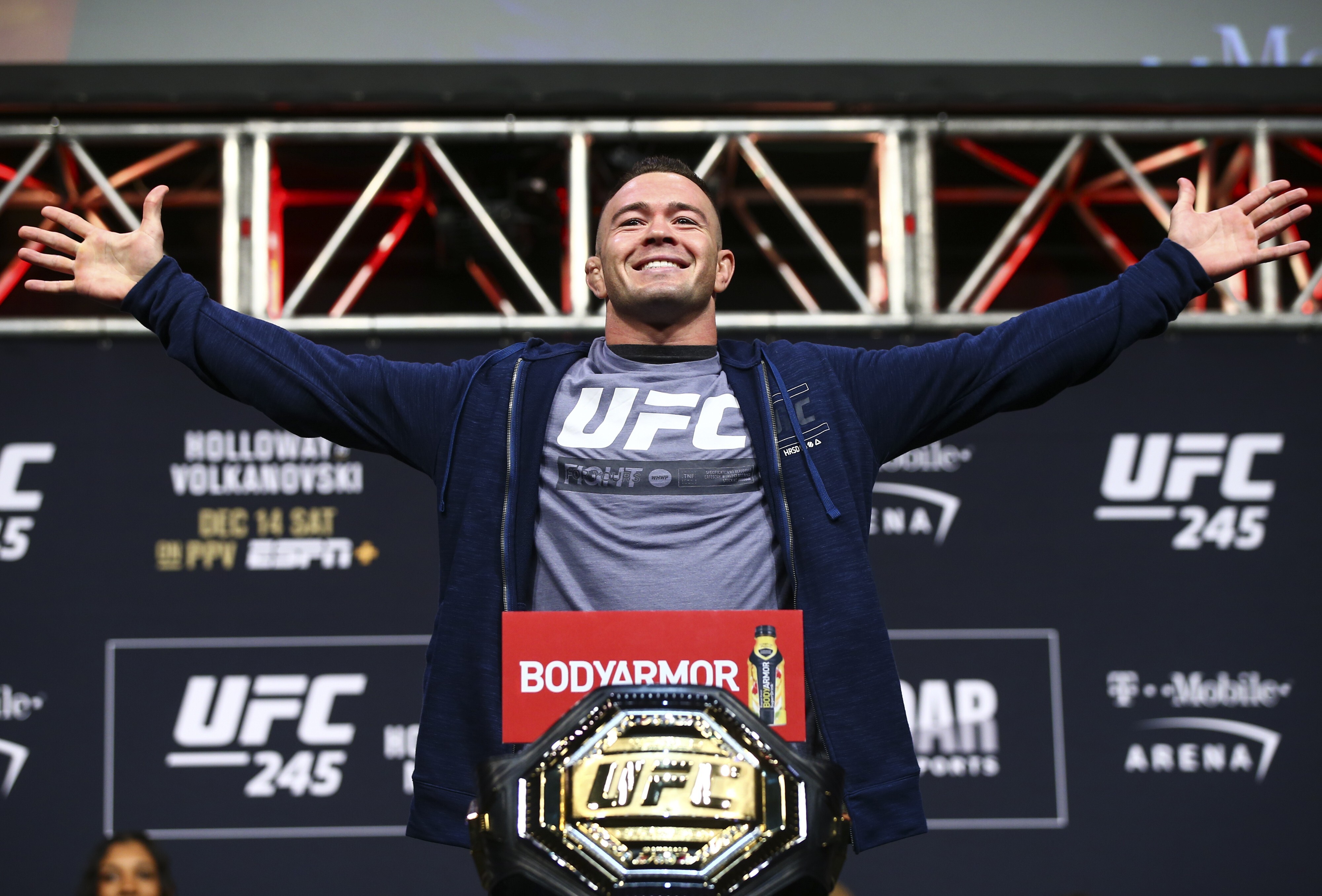 Colby Covington poses during the ceremonial weigh-in event ahead of his fight against Kamaru Usman at UFC 245. Photo: AP