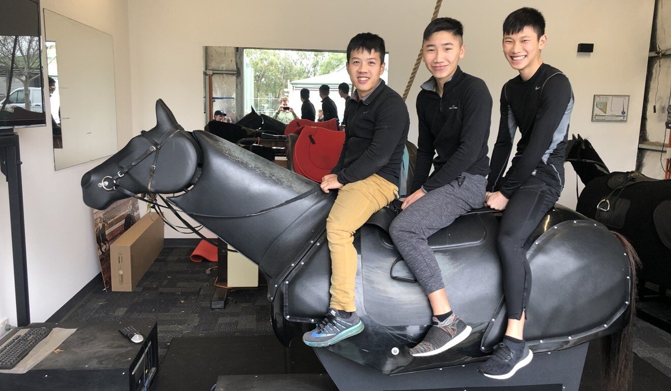 Hong Kong apprentice jockeys Kenny Lau, Gary Lo and Jerry Chau train in Adelaide. Photo: Sam Agars Hong Kong apprentice jockeys Kenny Lau, Gary Lo and Jerry Chau train in Adelaide. Photo: Sam Agars