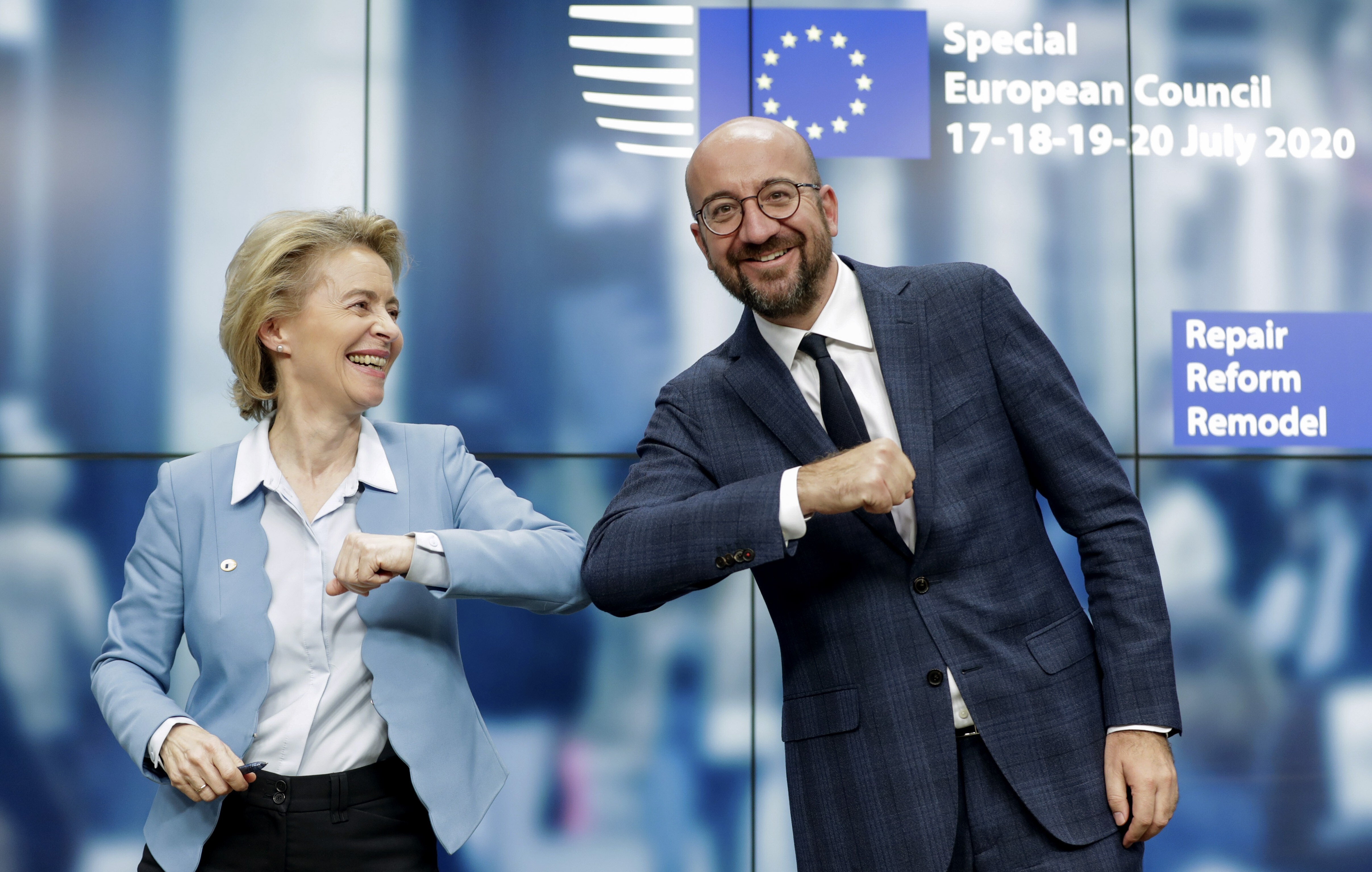 European Commission President Ursula von der Leyen and European Council President Charles Michel bump elbows after addressing a media conference at an EU summit in Brussels, on July 21. Weary EU leaders finally clinched an unprecedented budget and coronavirus recovery fund after four days and as many nights of wrangling in one of their longest summits ever. Photo: AP