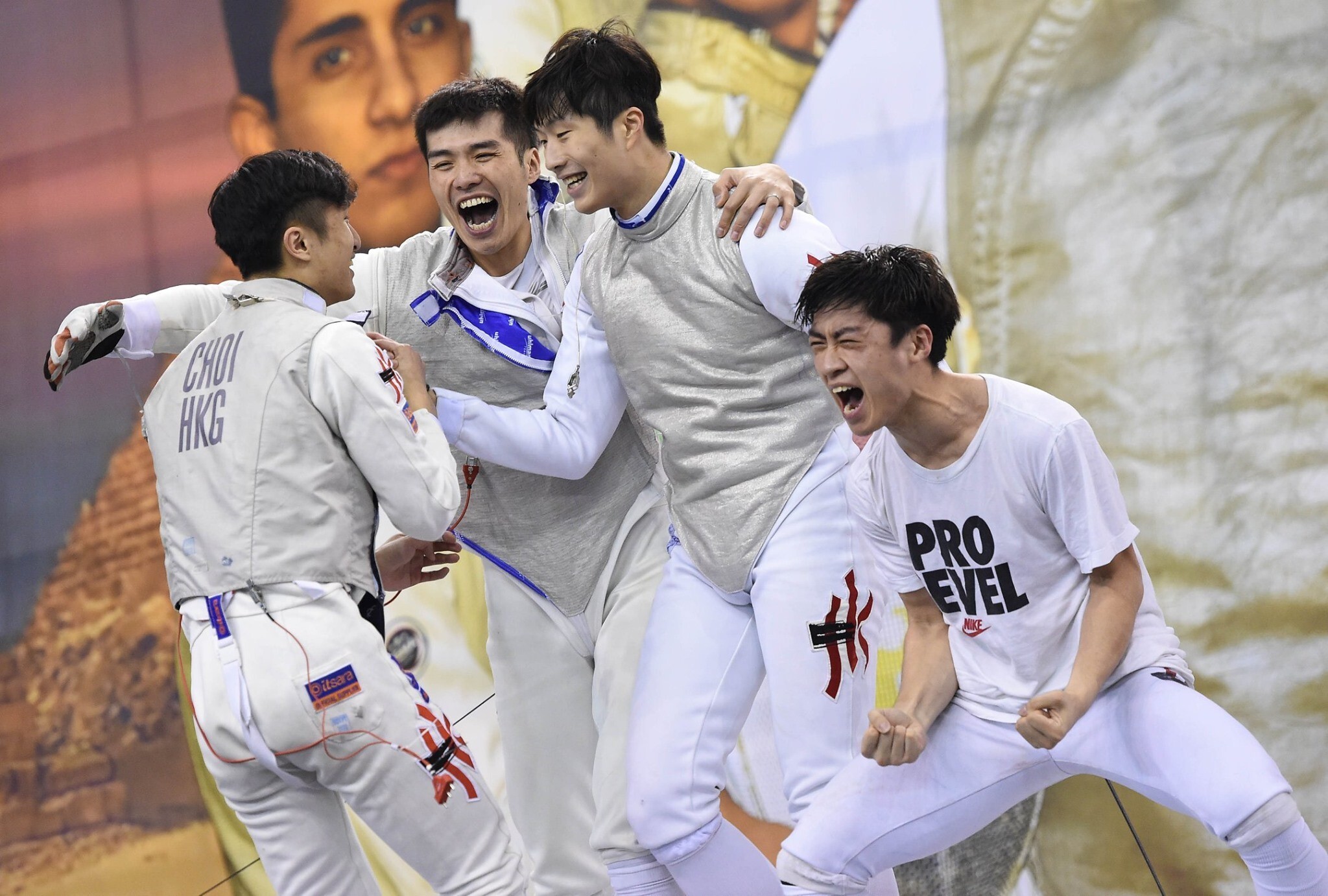 A moment of joy at the World Cup in Cairo. From left: Ryan Choi, Cheung Siu-lun, Cheung Ka-long and Lawrence Ng celebrate after Hong Kong punch their ticket for the Tokyo Olympics in the team foil competition. Photo: FIE