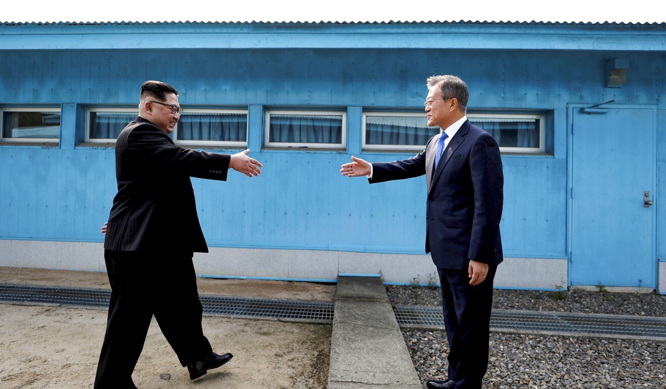 South Korean President Moon Jae-in and North Korean leader Kim Jong-un in 2018 at the “peace village” of Panmunjom inside the demilitarised zone separating the two Koreas. Photo: Reuters