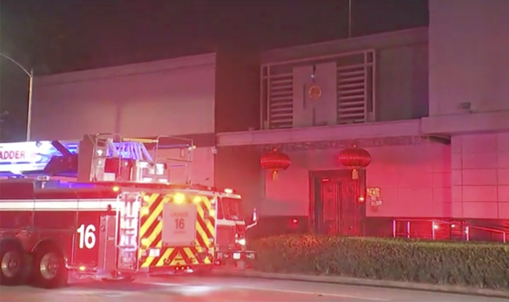 In this image made from video, a fire engine is seen outside the Chinese consulate in Houston on Tuesday, July 21, 2020. Media reports in Houston said that authorities had responded to reports of a fire at the consulate. Witnesses said that people were burning paper in what appeared to be trash cans, the Houston Chronicle reported, citing police. Photo: KTRK via Associated Press