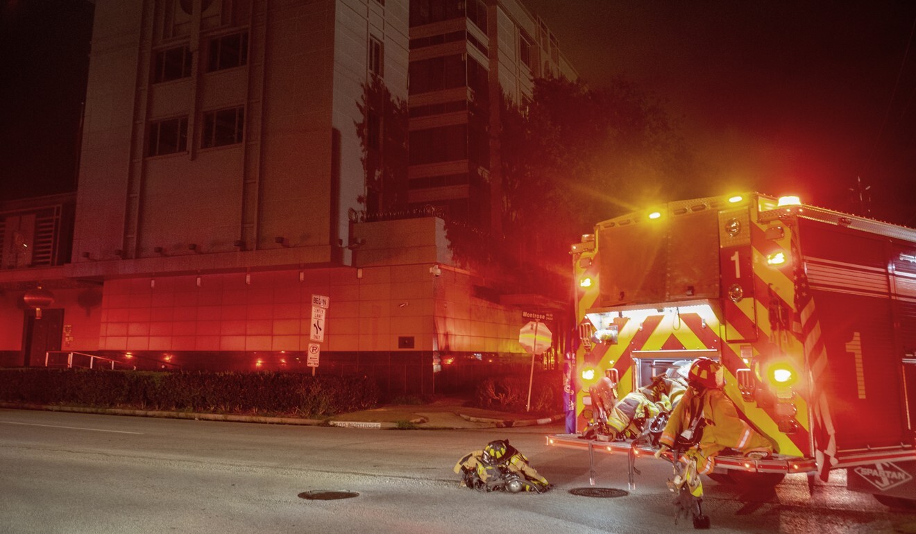 Fire trucks respond to reports of a fire at the Chinese consulate in Houston on Tuesday. Photo: AP