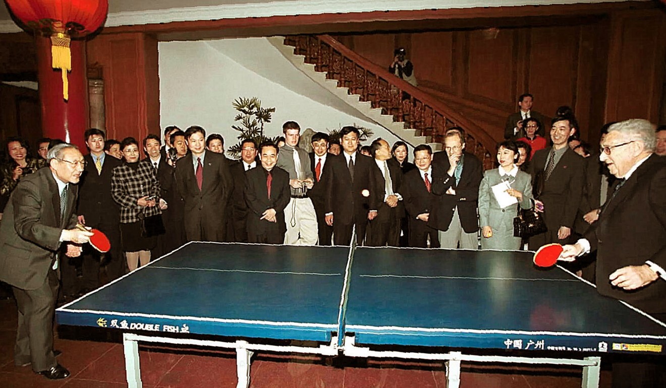 Chinese vice premier Li Lanqing, now retired, and former US secretary of state Henry Kissinger mark the 30th anniversary of ‘ping-pong diplomacy’ in 2001. Photo: AP