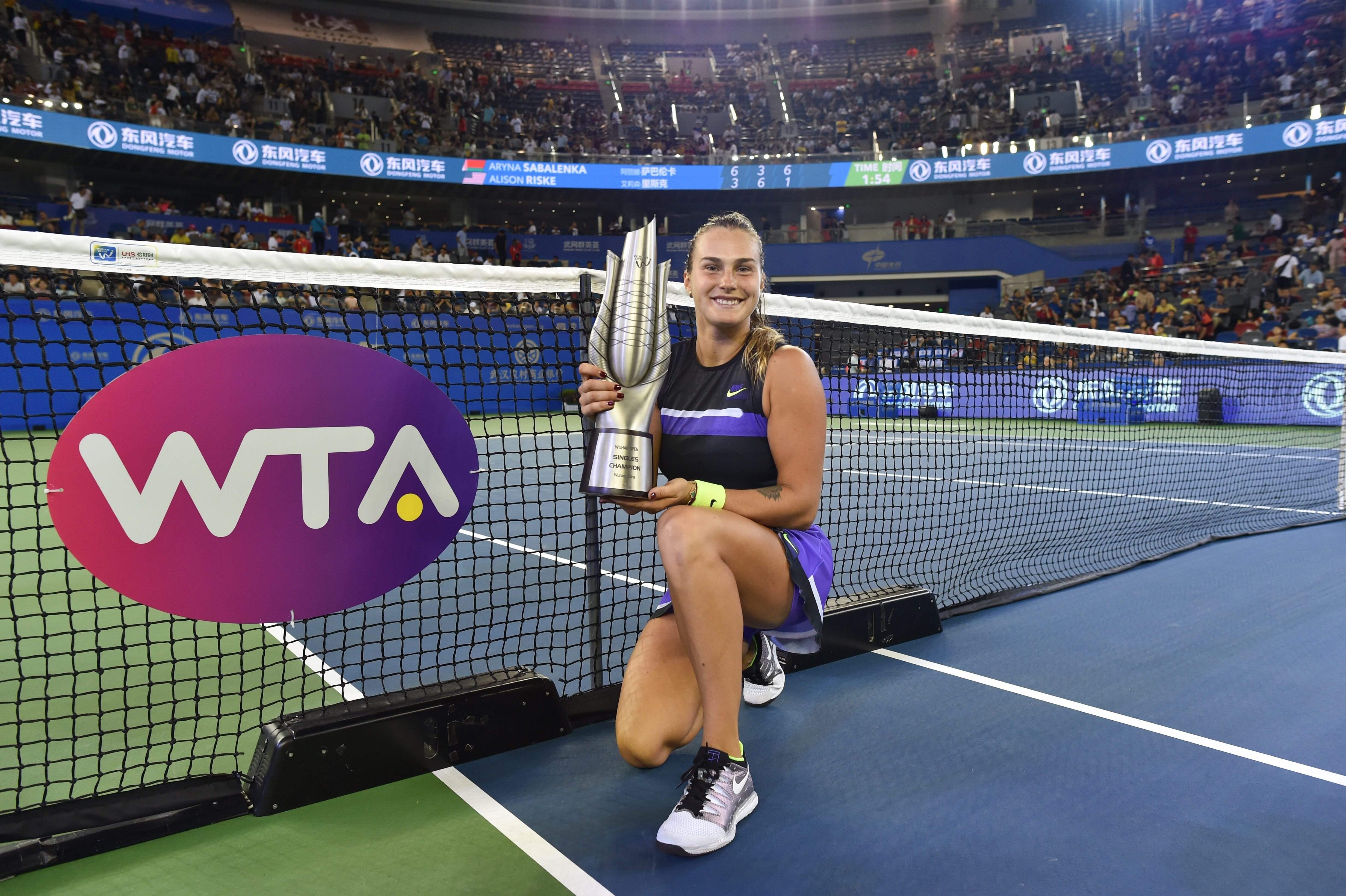 Aryna Sabalenka of Belarus poses with the Wuhan Open trophy in 2019. The event will not be staged in 2020. Photo: AFP