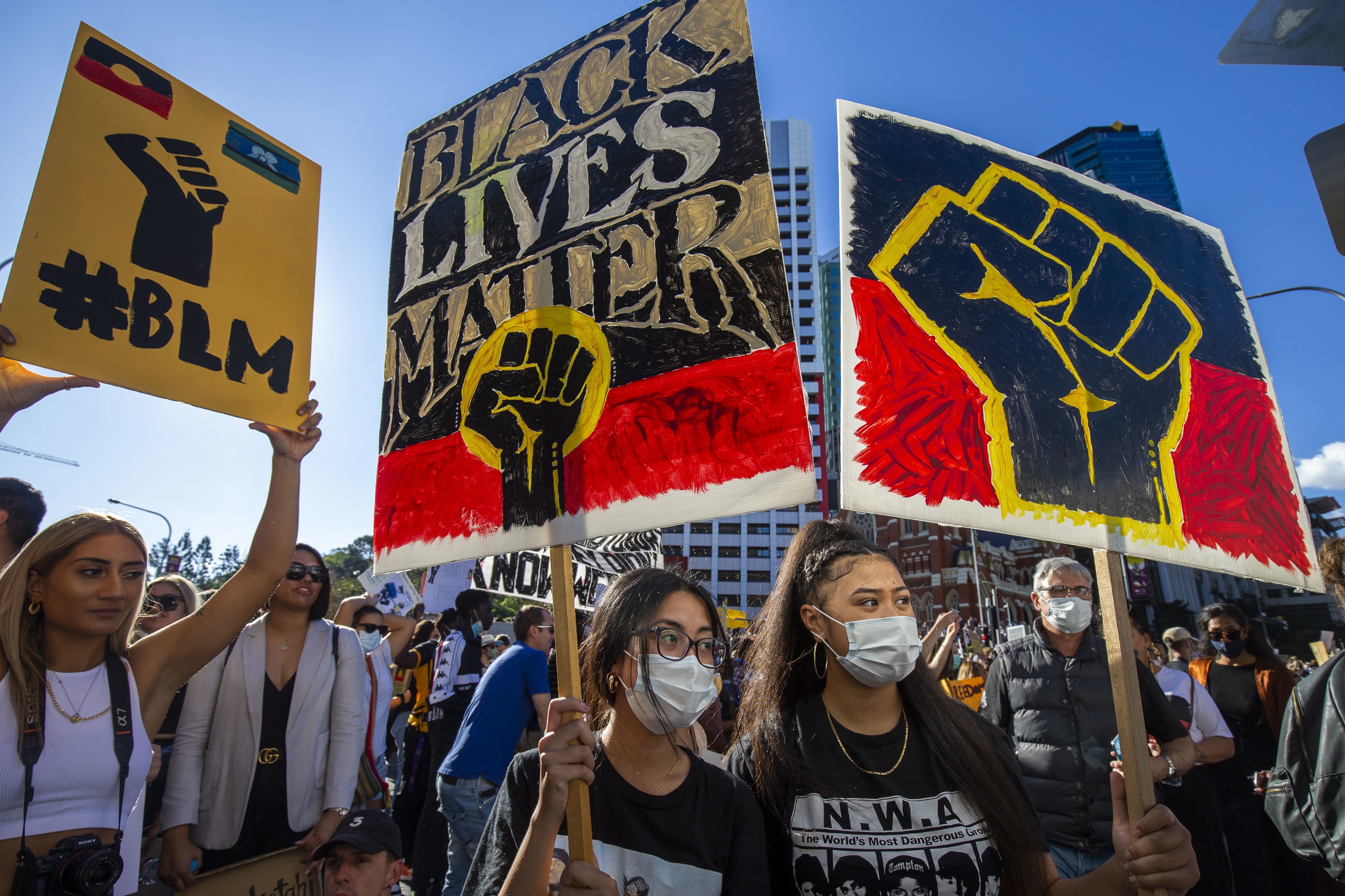 Protesters participate in a Black Lives Matter rally against racism in Brisbane on June 6. Photo: EPA-EFE