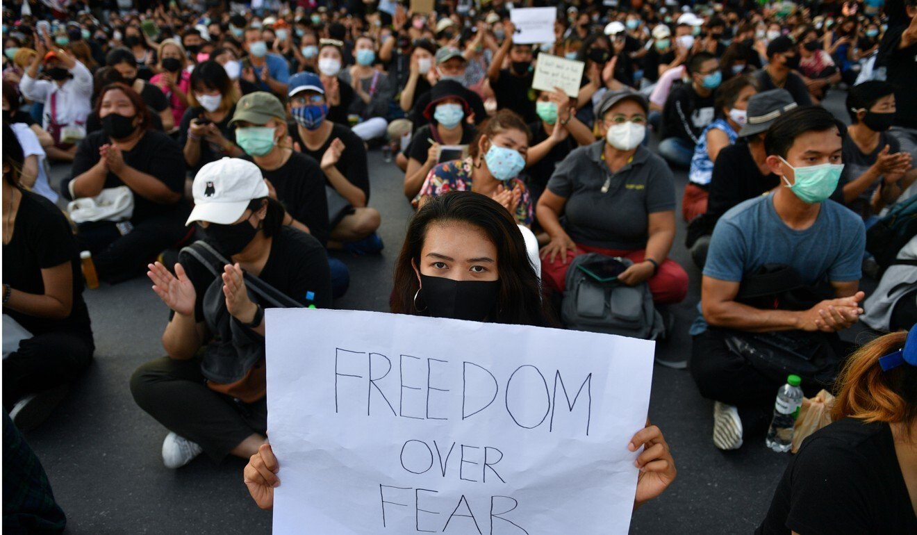 Protesters defy coronavirus restrictions to demonstrate in Bangkok, Thailand. Photo: Reuters