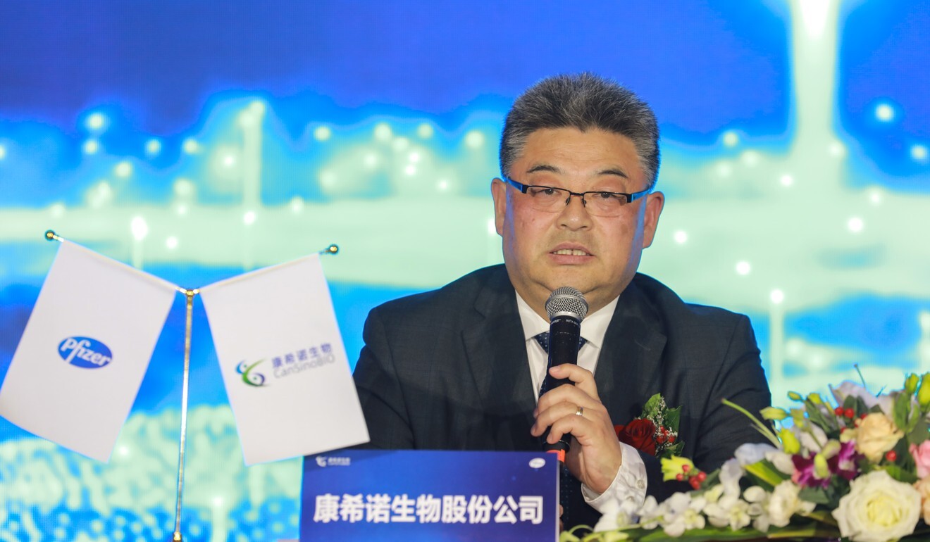 Yu Xuefeng, co-founder and chairman of CanSino Biologics, announces the company’s agreement with Pfizer to promote one of its vaccines, on Saturday. Photo: Handout