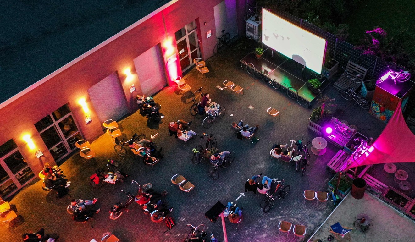 University students built a temporary “drive-in” cinema for cyclists in Witten, Germany, last week. Photo: AFP