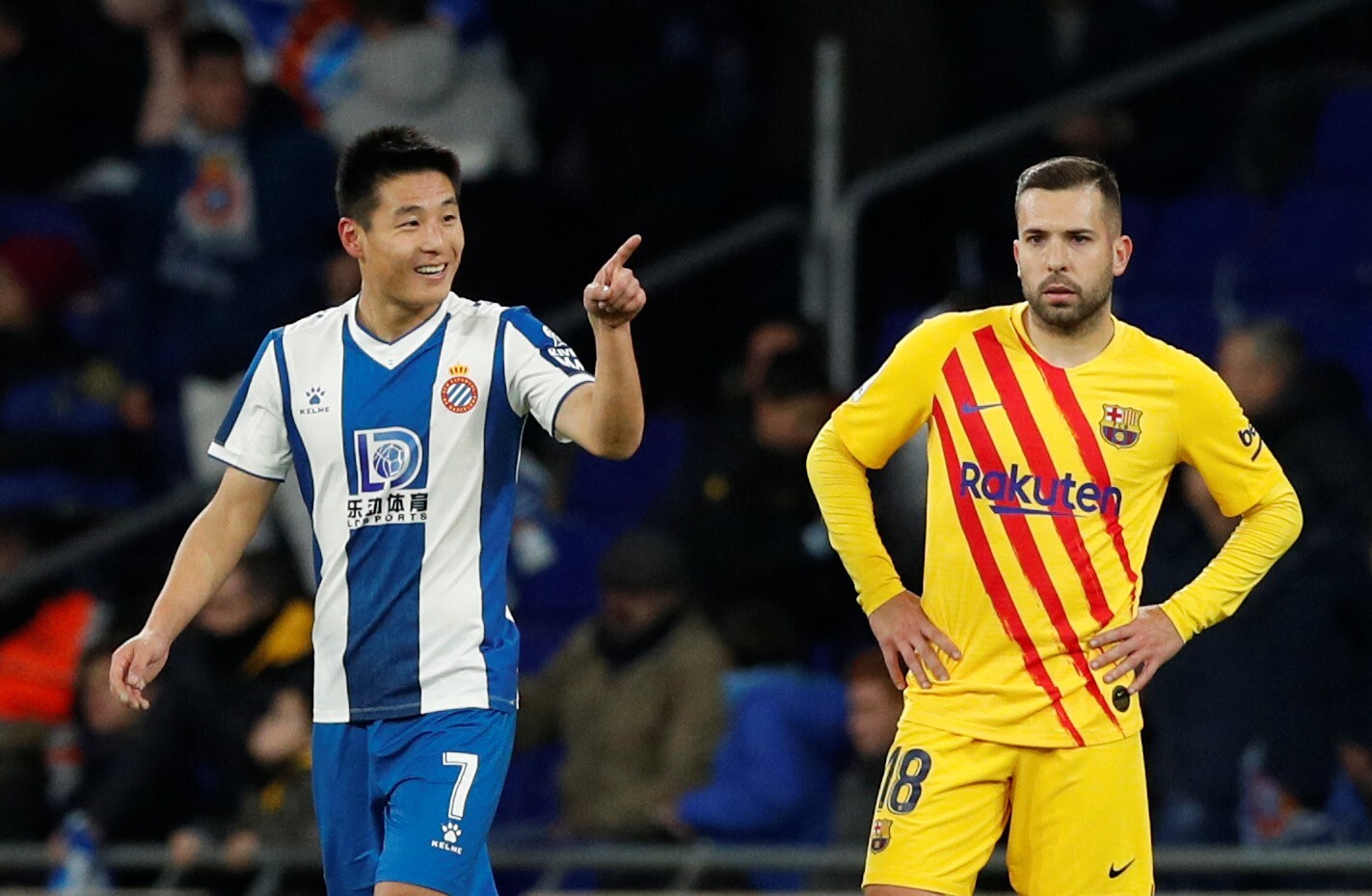 Espanyol's Wu Lei celebrates scoring against Barcelona last season. Photo: Reuters
