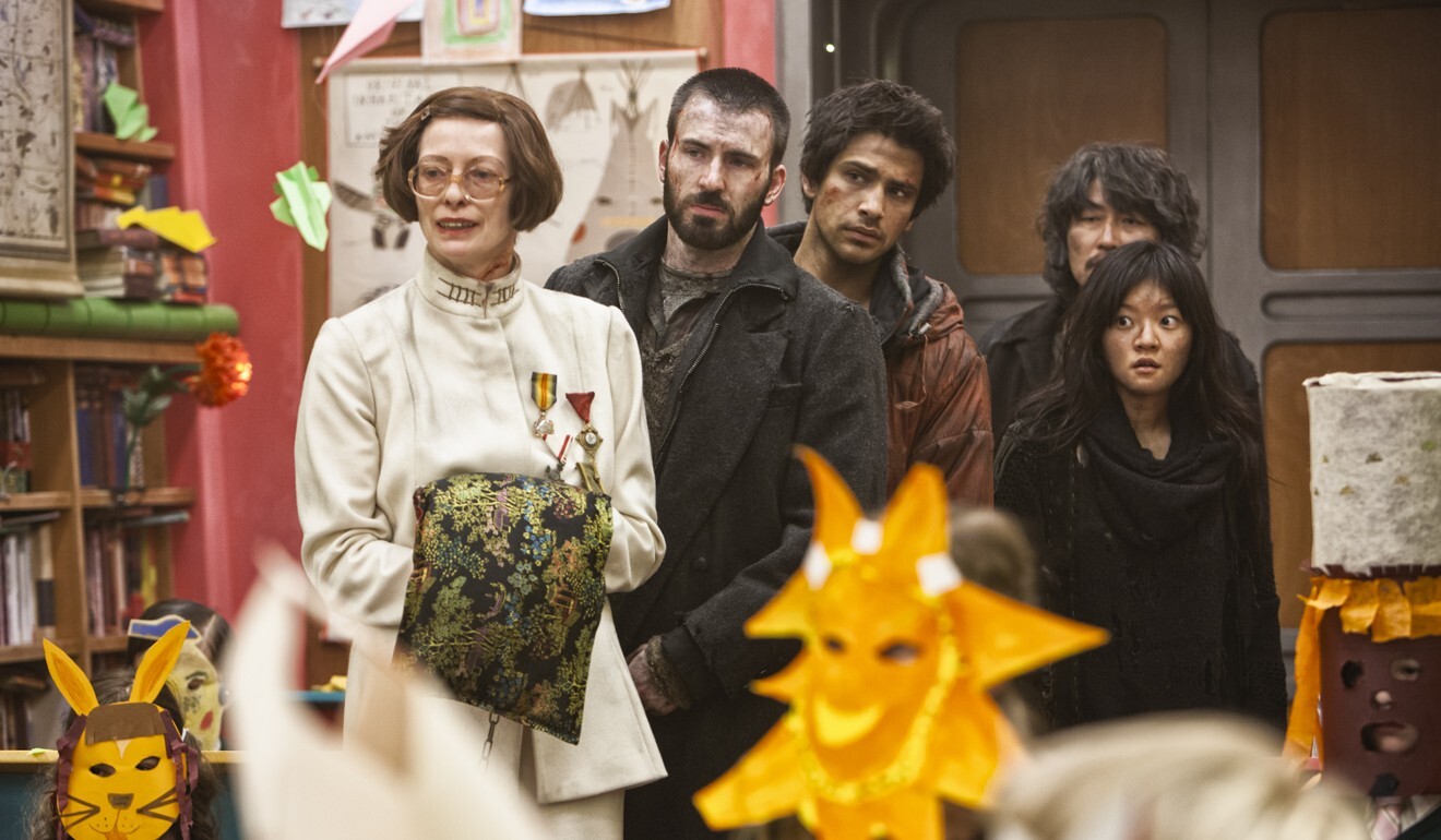 From left: Tilda Swinton, Chris Evans, Luke Pasqualino, Song Kang-ho and Go Ah-sung in a still from Snowpiercer (2013).
