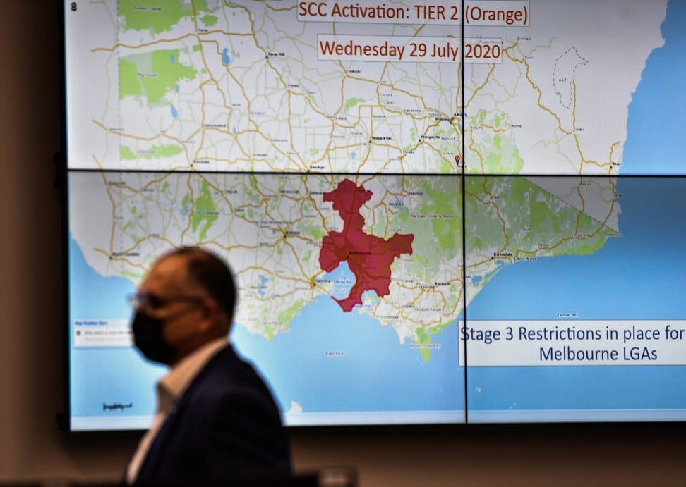 A map is displayed at the Victoria state control centre, which is being used for the coronavirus pandemic. Photo: EPA-EFE