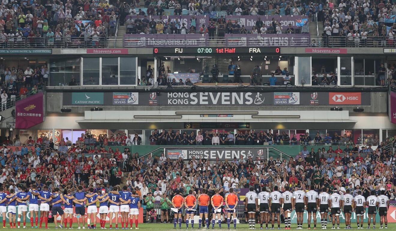 Reigning Hong Kong Sevens champions Fiji and runners-up France before their 2019 Cup final match at Hong Kong Stadium in April. Photo: Winson Wong