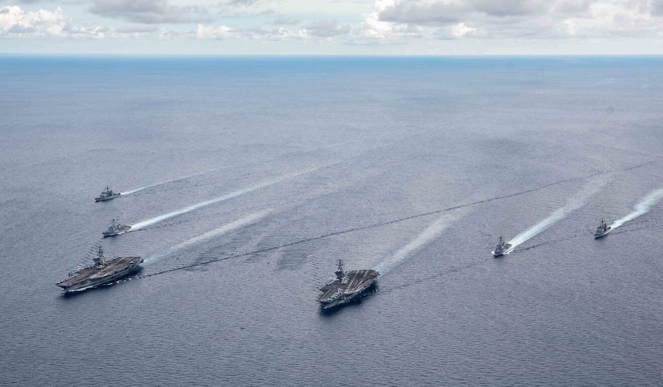 The USS Ronald Reagan and USS Nimitz aircraft carrier strike groups take part in a drill in the South China Sea earlier this month. Photo: EPA-EFE
