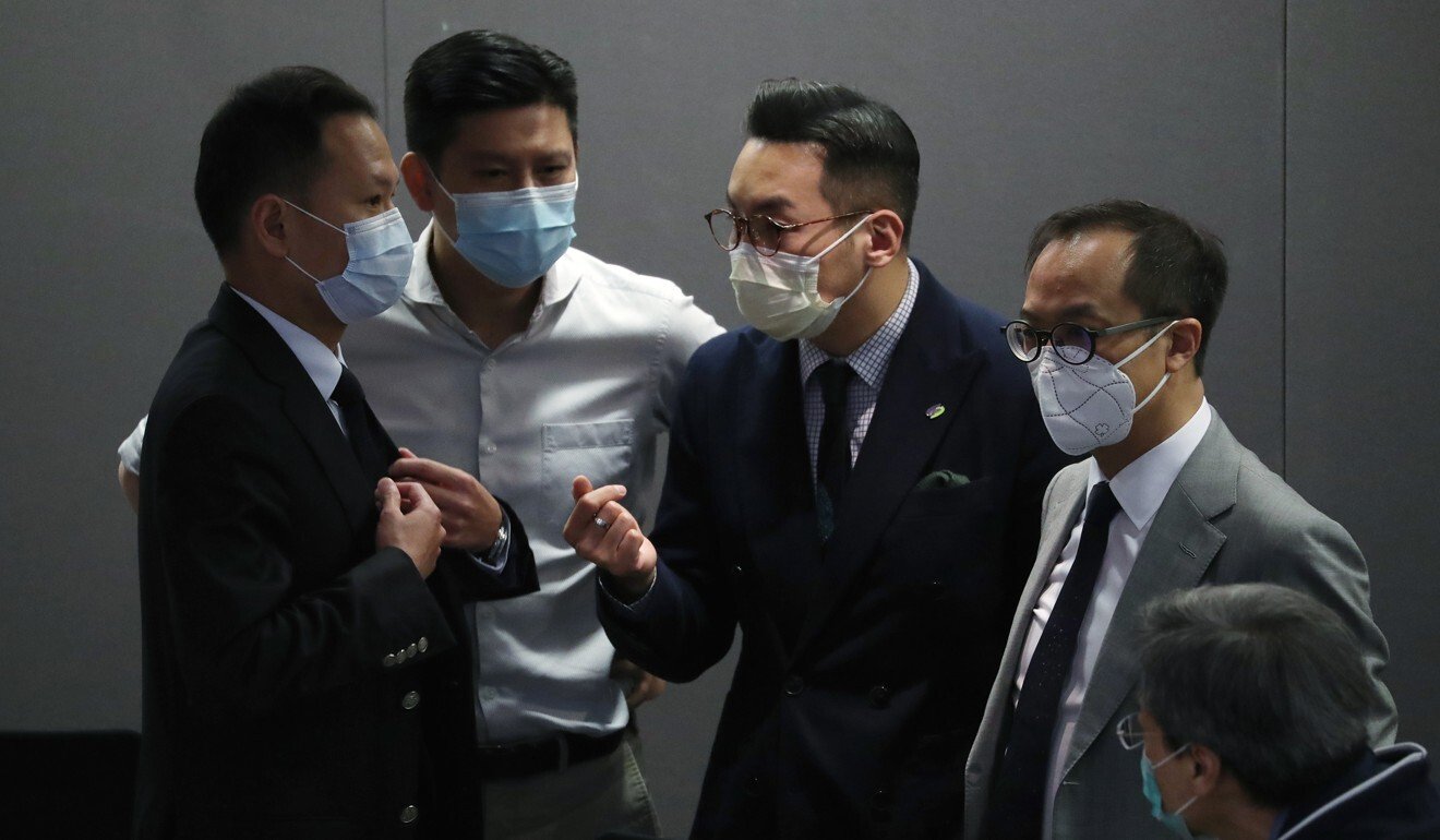 Lawmakers Dennis Kwok, (left to right) Jeremy Jansen Tam, Yeung Ngok-kiu and Kenneth Leung speak at the Legislative Council in April. Kwok, Yeung and Leung were disqualified from running to retain their seats on Thursday. Photo: Edmond So