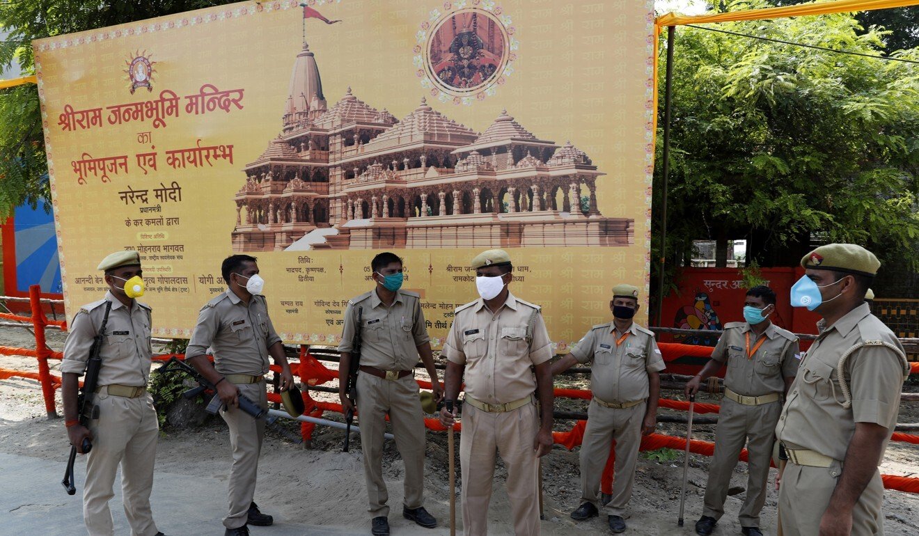 Policemen stand guard ahead of the groundbreaking ceremony. Photo: AP