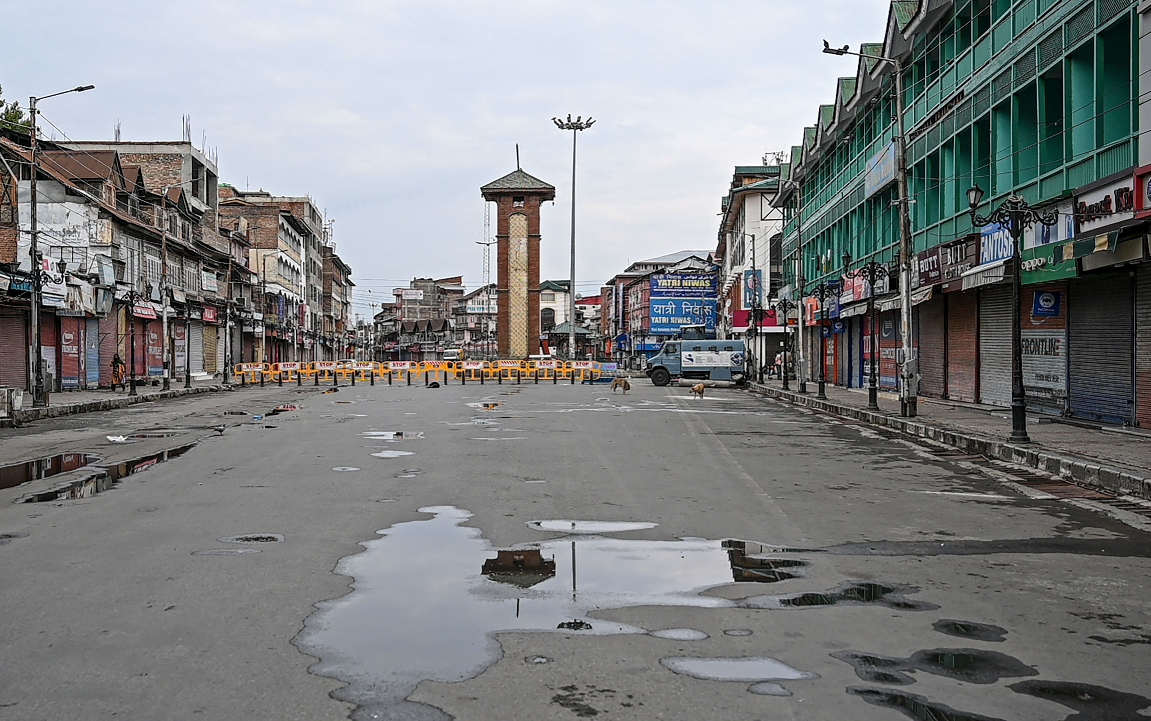 An empty square in Srinagar. It has been a year since India scrapped disputed Kashmir’s special status. Photo: AFP