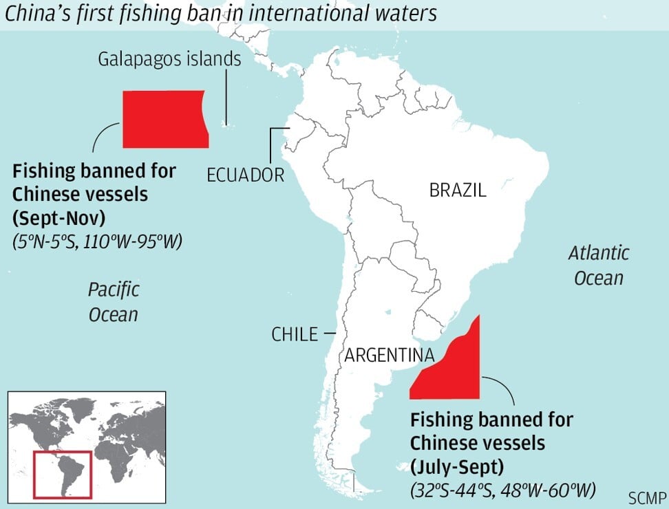 China’s bans on fishing in waters off South America. Map: SCMP