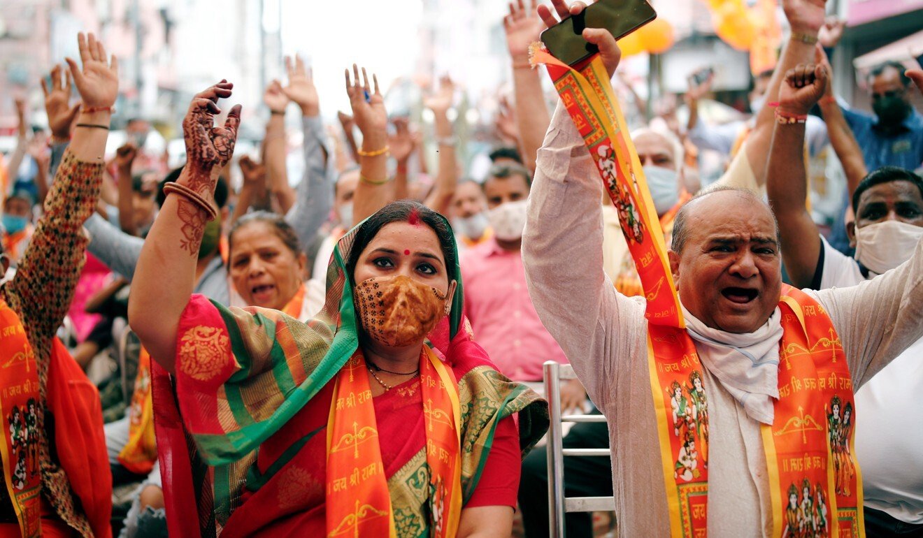 People in New Delhi shout slogans during a live screening of the stone laying ceremony of the Ram Temple by Prime Minister Narendra Modi on Friday. Photo: Reuters