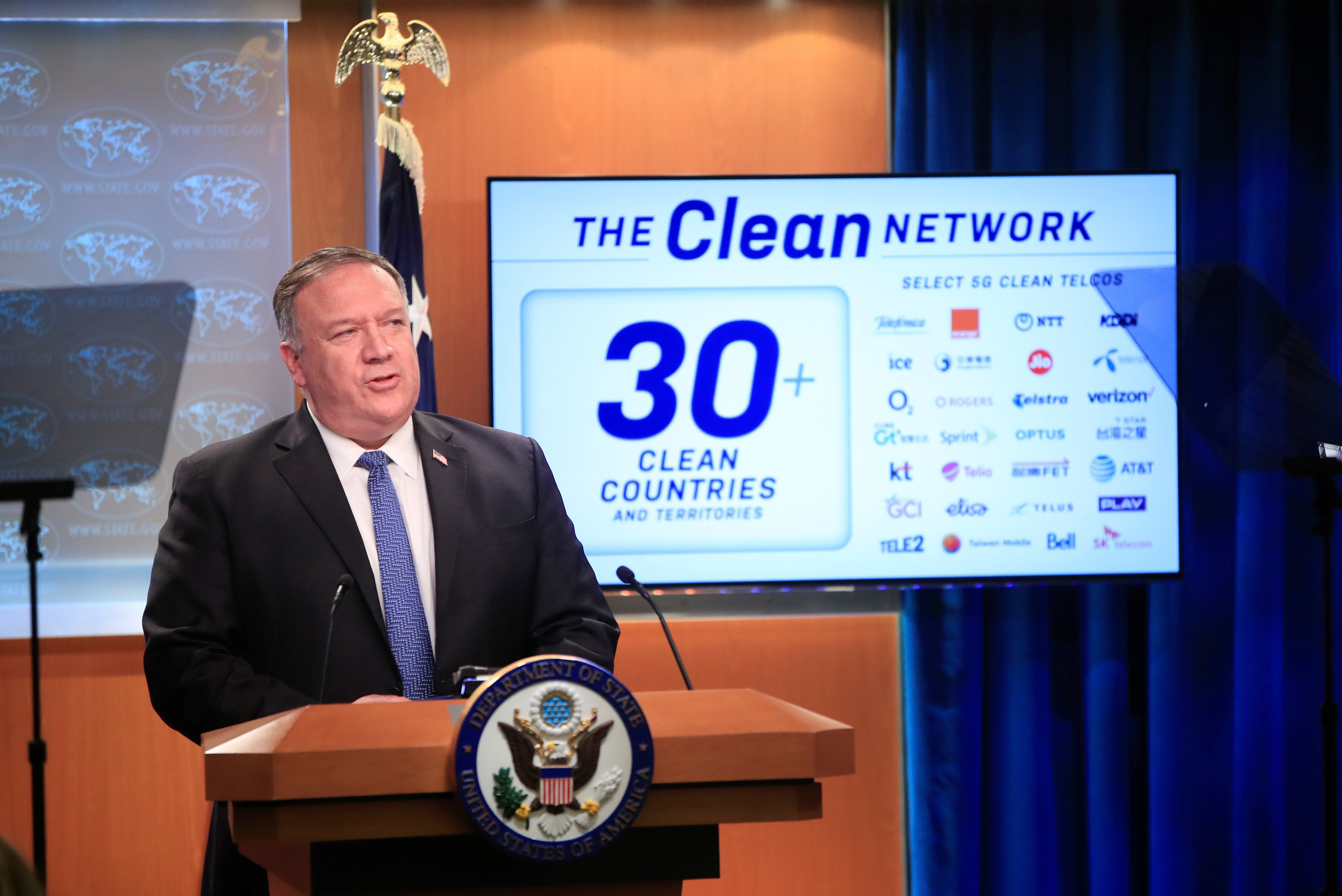 Mike Pompeo, the US Secretary of State, outlines the mission of the Trump administration’s Clean Network programme in a news conference at the State Department in Washington on August 5. Photo: Reuters